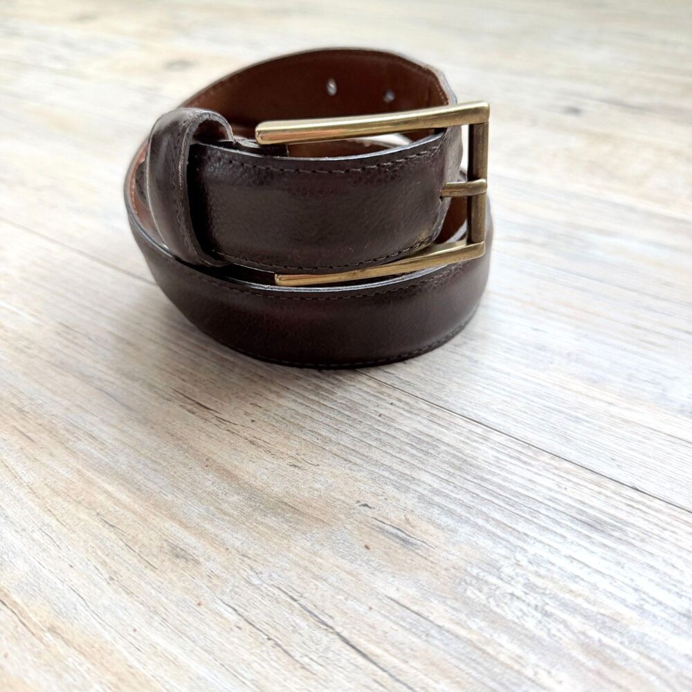 Joseph Abboud Brown Leather Belt Size 34 Made in USA Brass Buckle Calf Skin